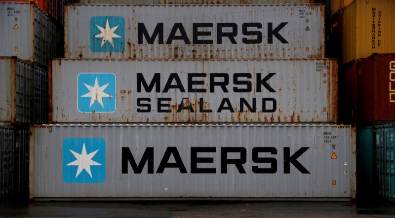 © Reuters. FILE PHOTO: Empty Maersk shipping containers are seen stacked at Peel Ports container terminal in Liverpool