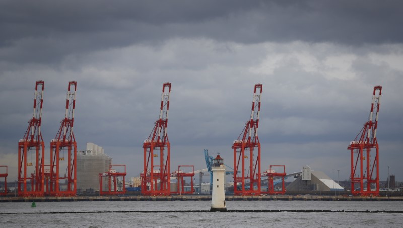 © Reuters. New container cranes of the L2 terminal of Peel Ports Liverpool are seen behind the Perch Rock lighthouse in Liverpool