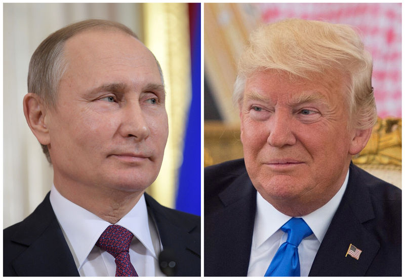 © Reuters. FILE PHOTO: Russian President Putin in Moscow and U.S. President Trump at a reception ceremony in Riyadh