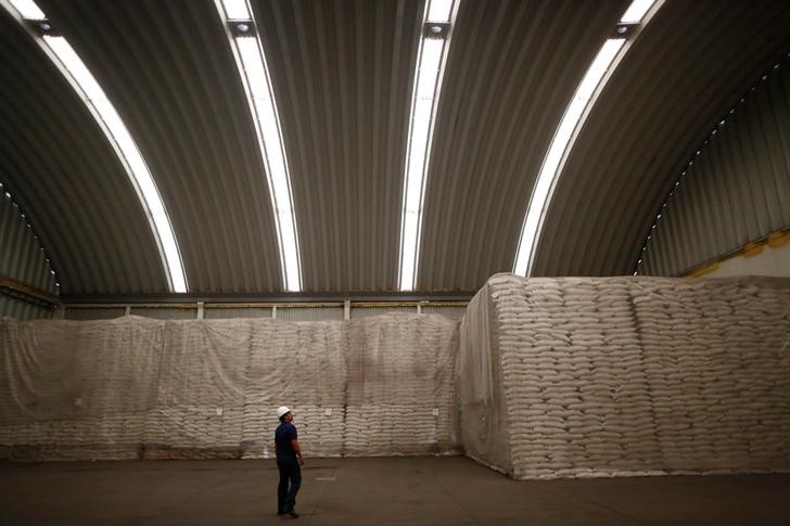 © Reuters. Trabalhador observa sacas de açúcar em usina em Zacatepec de Hidalgo, México