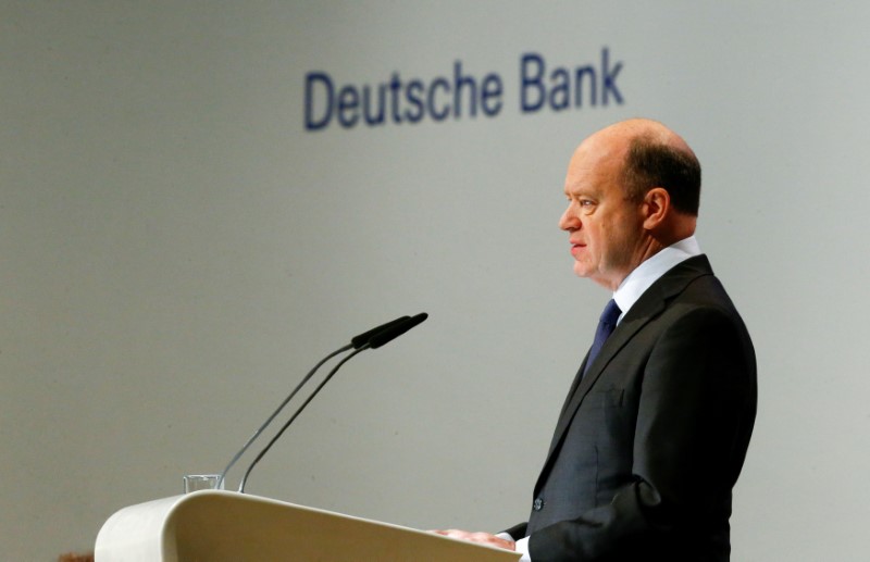 © Reuters. FILE PHOTO: Deutsche Bank CEO Cryan speaks during the bank's annual general meeting in Frankfurt