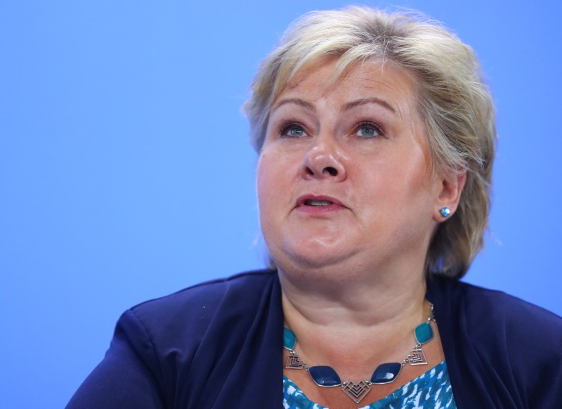 © Reuters. Norway’s Prime Minister Solberg attends the press conference after the meeting at the Chancellery in Berlin