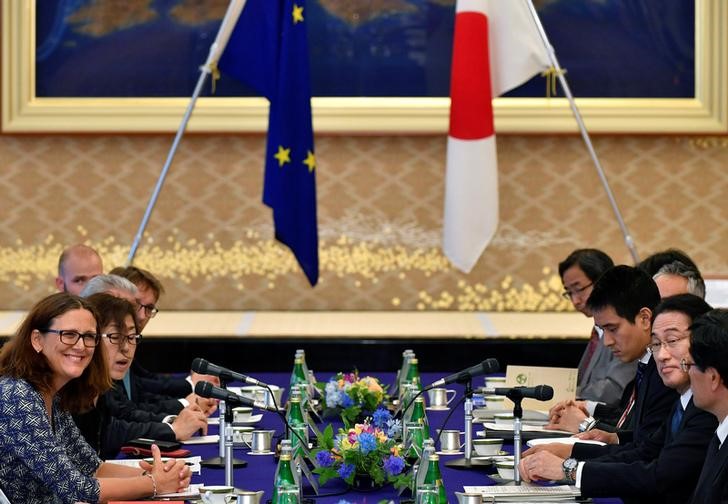 © Reuters. European Commissioner for Trade Cecilia Malmstrom and Japanese Foreign Minister Fumio Kishida attend their meeting as a part of the Japan-EU Economic Partnership Agreement negotiations in Tokyo