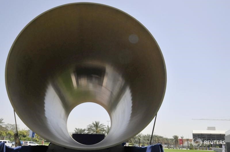 © Reuters. A fiberglass pipe is displayed in front of the Dubai International Financial Exchange Center