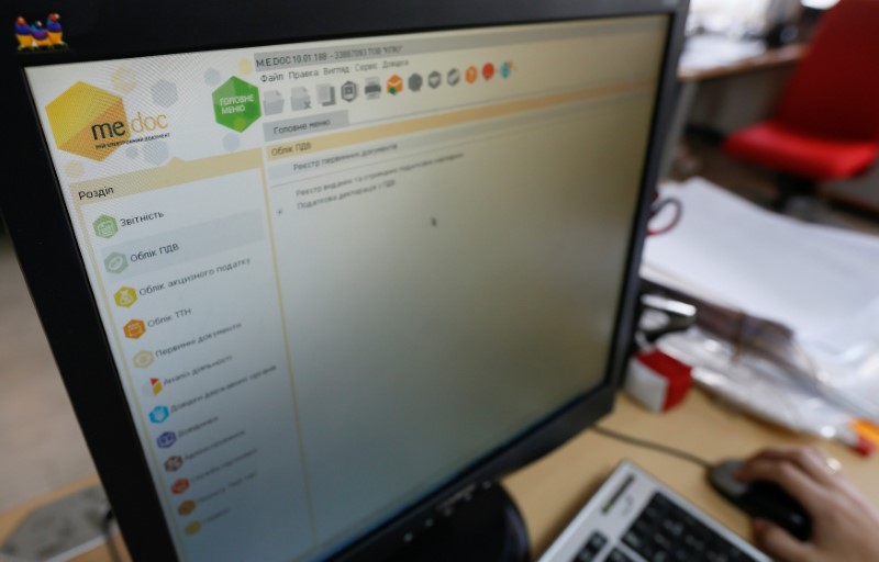 © Reuters. Computer screen shows menu of the M.E.Doc accounting software at an office in Kiev