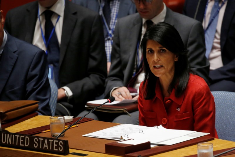 © Reuters. Embaixadora dos EUA na ONU, Nikki Haley, durante  reunião do Conselho de Segurança da ONU