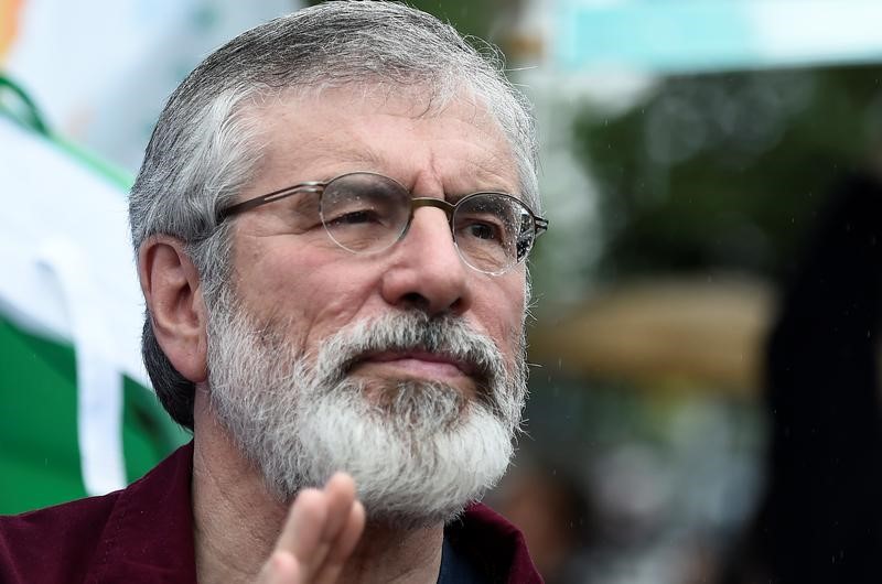 © Reuters. Sinn Fein President, Gerry Adams, joins demonstrators participating in the ‘March For Marriage,’ demanding equal marriage legislation in Northern Ireland, in Belfast