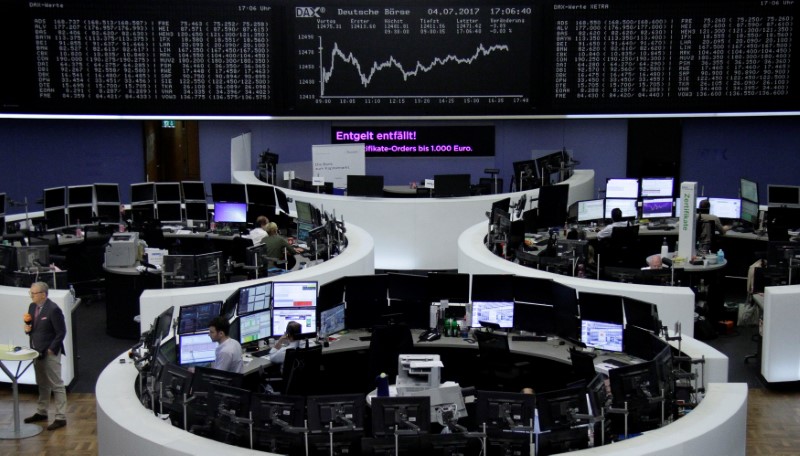 © Reuters. Traders work in front of the German share price index, DAX board, at the stock exchange in Frankfurt