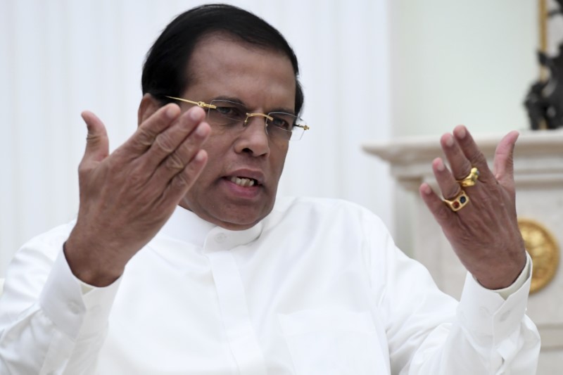 © Reuters. Sri Lankan President Sirisena gestures as he speaks during meeting with his Russian counterpart Putin at Kremlin in Moscow