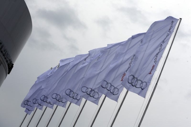 © Reuters. Flags with the Audi logo are pictured in Ingolstadt, the home of German carmaker Audi