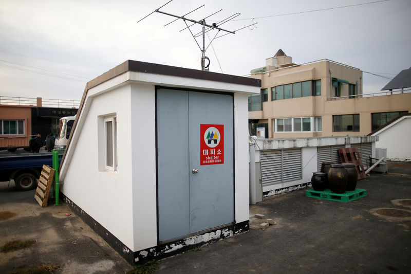 © Reuters. FILE PHOTO: A shelter is seen near the Tae Sung freedom village near the Military Demarcation Line (MDL), inside the demilitarised zone separating the two Koreas, in Paju