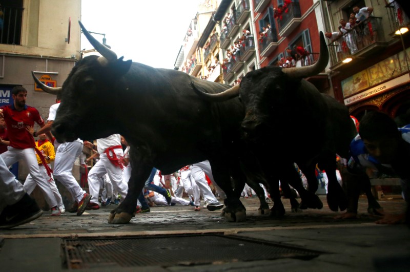 © Reuters. Runners sprint alongside Jose Escolar Gil bulls during the second running of the bulls at the San Fermin festival in Pamplona