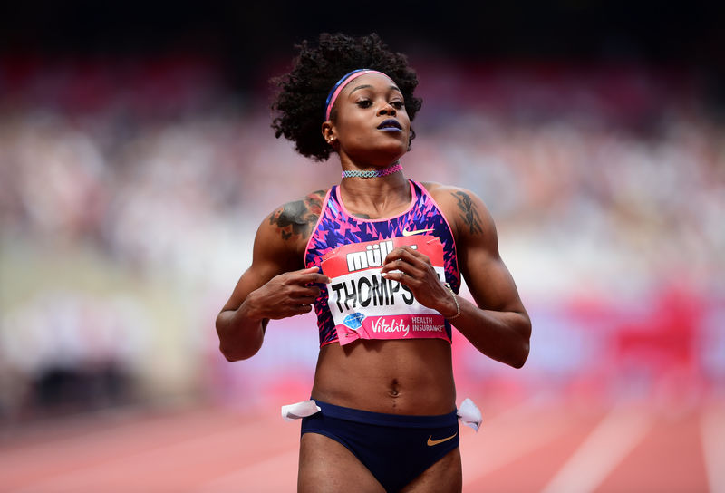 Thompson wins London 100m in trainers.