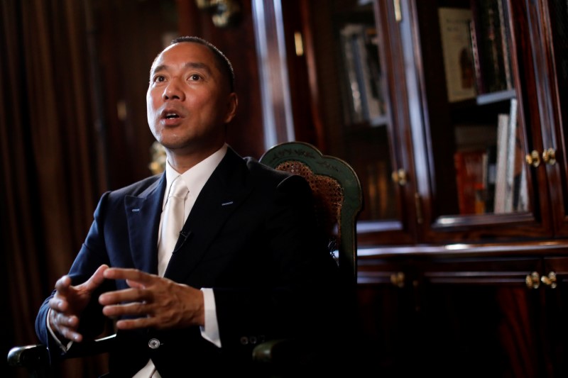 © Reuters. Billionaire businessman Guo Wengui speaks during an interview in New York