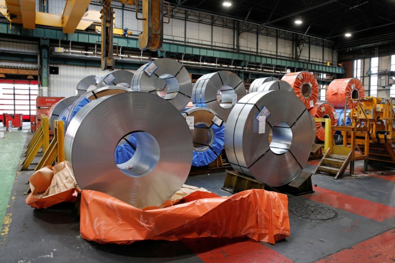 © Reuters. Steel rolls are pictured at the Renault SA car factory in Flins