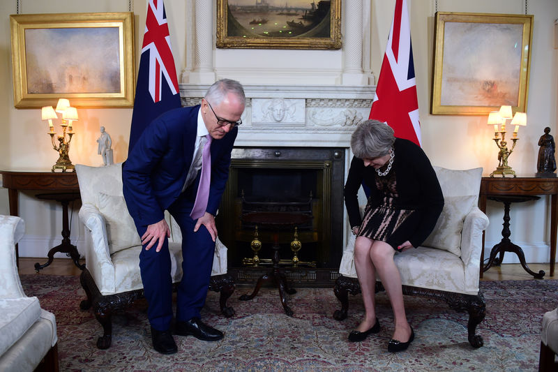 © Reuters. Britain's Prime Minister Theresa May sits down to talk with Australia's Prime Minister Malcolm Turnbull at Downing Street, London