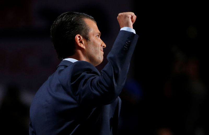 © Reuters. FILE PHOTO: Donald Trump Jr. thrusts fist after speaking at the 2016 Republican National Convention in Cleveland