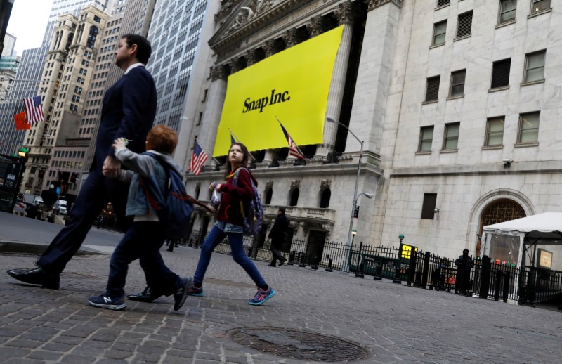 © Reuters. A banner for Snap Inc. hangs on the facade of the NYSE