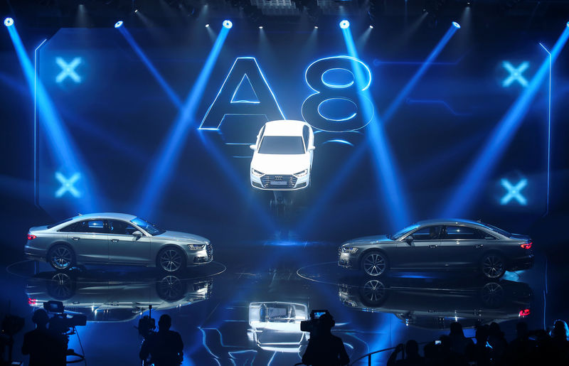 © Reuters. The new Audi A8 is seen during a presentation at the Audi Summit in Barcelona