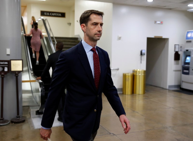 © Reuters. Senator Cotton walks after Senate Republicans unveiled their version of legislation that would replace Obamacare in Washington