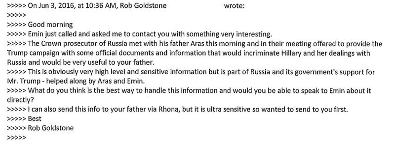 © Reuters. Part of an email conversation between Donald Trump Jr and publicist Rob Goldstone is seen in a Twitter message