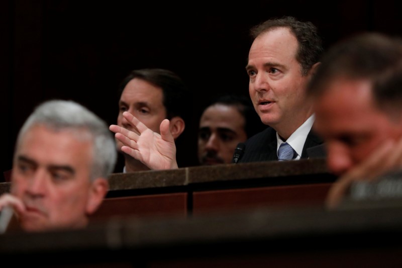 © Reuters. Rep. Adam Schiff (D-CA) asks a question as former U.S. Secretary of Homeland Security Jeh Johnson testifies about Russian meddling in the 2016 election before the House Intelligence Committee on Capitol Hill in Washington