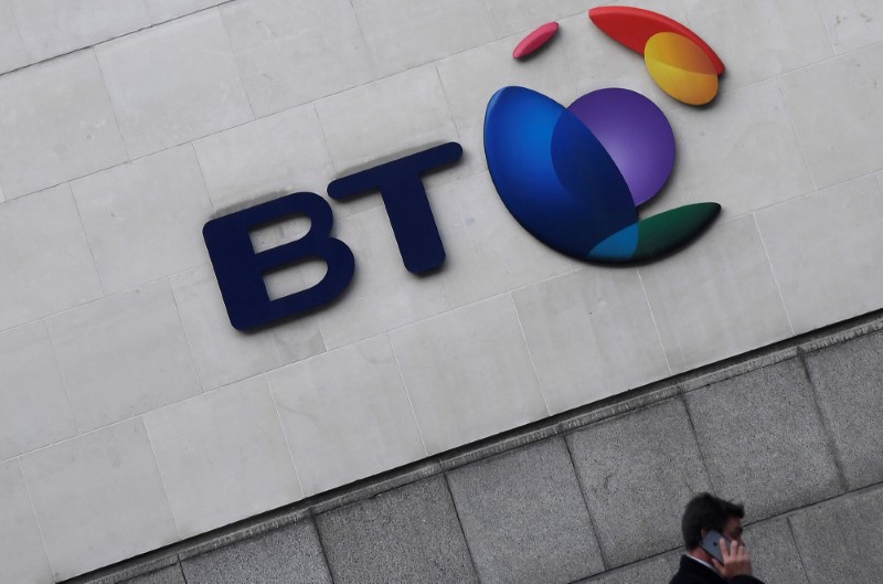 © Reuters. FILE PHOTO: The logo for the British Telecom group is seen outside of offices in the City of London, Britain