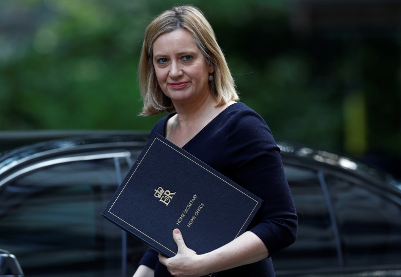 © Reuters. Britain's Home Secretary, Amber Rudd, arrives in Downing Street for a cabinet meeting, in central London