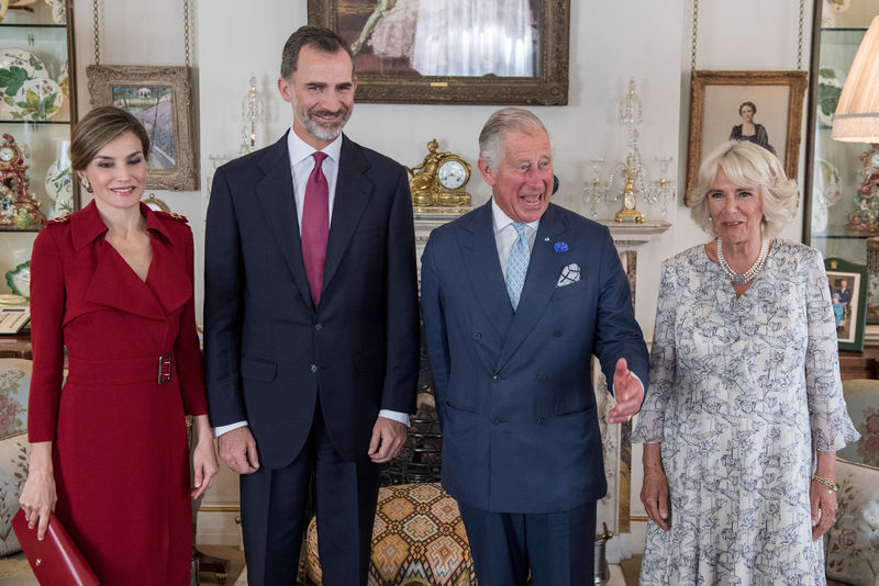 © Reuters. Britain's Prince Charles, Camilla, Duchess of Cornwall, Spain's King Felipe and Queen Letizia pose for a photograph in Clarence House in central London