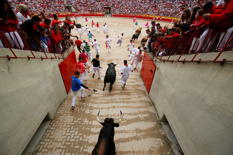 © Reuters. Runners lead bulls into the bulll ring during the seventh running of the bulls at the San Fermin festival in Pamplona