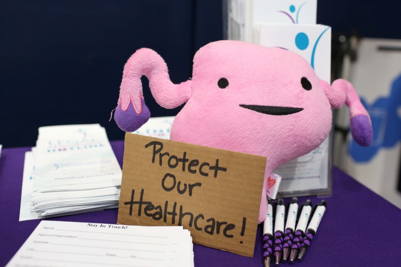 © Reuters. A stuffed uterus doll is seen at an information table at a bilingual healthcare town hall in Phoenix