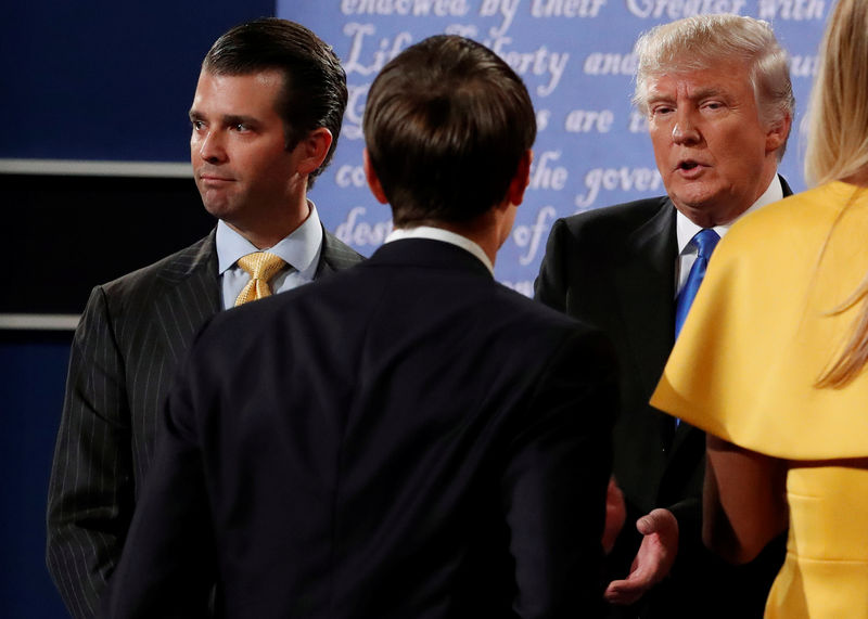 © Reuters. FILE PHOTO: Republican presidential nominee Donald Trump is joined by Trump Jr and Kushner after presidential debate in Hempstead, New York