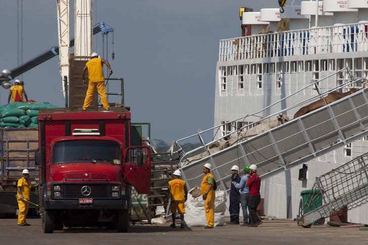 © Reuters. Em foto de arquivo, trabalhadores carregam gado para exportação em navio no porto de Barcarena, Pará