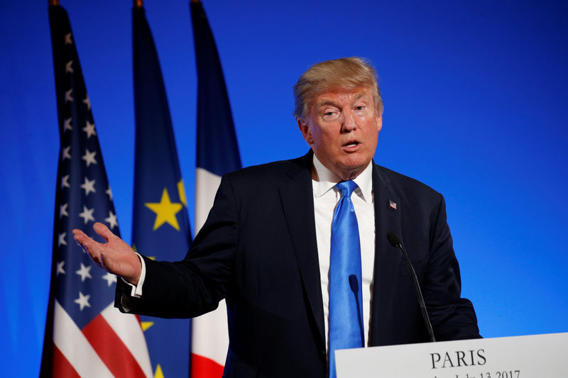 © Reuters. U.S. President Donald Trump reacts as he attends a joint news conference with French President Emmanuel Macron at the Elysee Palace in Paris