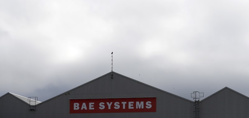 © Reuters. A sign adorns a hangar at the BAE Systems facility at Salmesbury