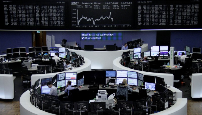 © Reuters. Traders work in front of the German share price index, DAX board, at the stock exchange in Frankfurt