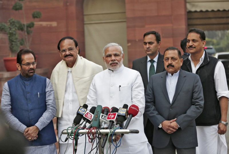 © Reuters. Modi speaks to the media upon his arrival on the opening day of the winter session of the Indian Parliament in New Delhi