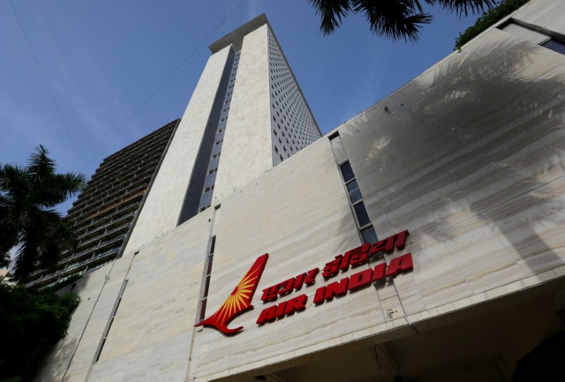 © Reuters. The Air India logo is seen on the facade of its office building in Mumbai