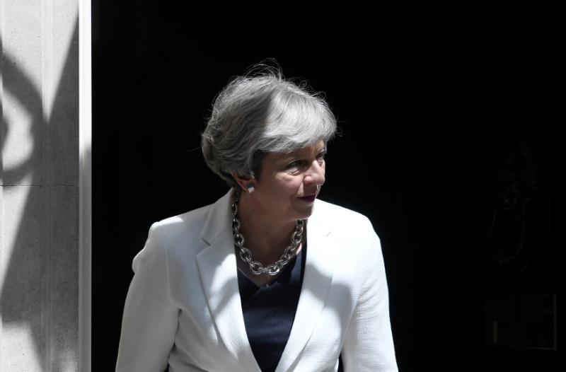 © Reuters. Britain's Prime Minister, Theresa May, waits on the doorstep of no 10 to greet the Prime Minister of Estonia, in Downing Street, central London