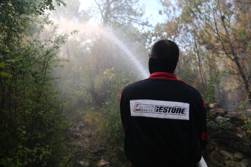 © Reuters. A local resident tries to extinguish a wildfire in village of Strinjine near Split