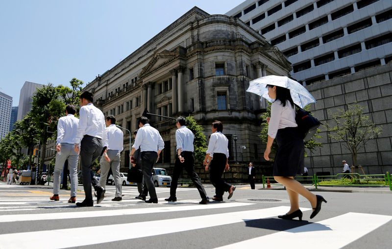 © Reuters. FILE PHOTO: People walk past the Bank of Japan building in Tokyo