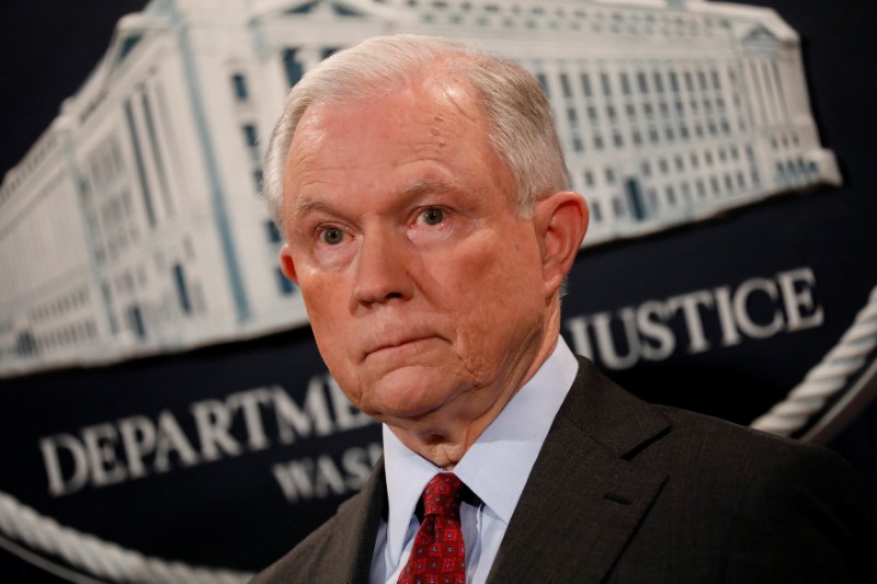 © Reuters. U.S. Attorney General Jeff Sessions looks on during a news conference announcing the takedown of the dark web marketplace AlphaBay, at the Justice Department in Washington