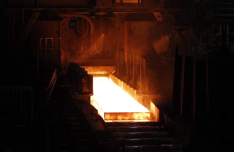 © Reuters. A steel slap is seen at a hot-rolled production at ThyssenKrupp Steel Europe AG in Duisburg