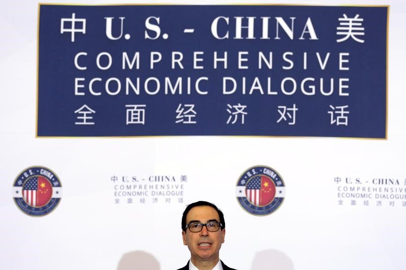 © Reuters. U.S. Treasury Secretary Steve Mnuchin speaks at the U.S. - China Comprehensive Economic Dialogue in Washington