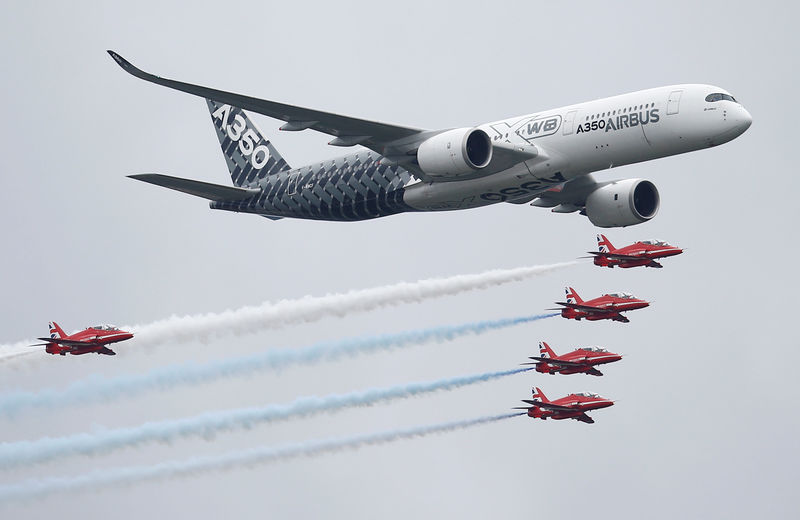 © Reuters. FILE PHOTO: An Airbus A350 aircraft flies in formation with Britain's Red Arrows flying display team at the Farnborough International Airshow in Farnborough