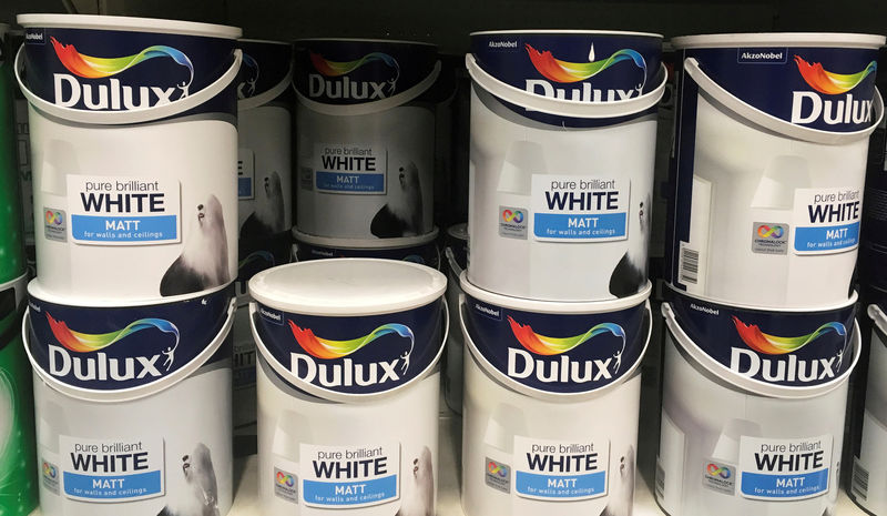 © Reuters. FILE PHOTO: Cans of Dulux paint , an Akzo Nobel brand, are seen on the shelves of a hardware store near Manchester, Britain.
