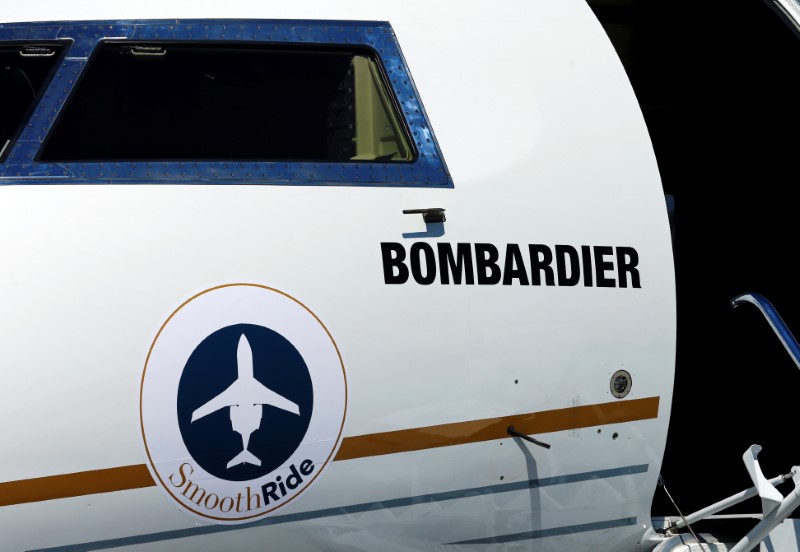 © Reuters. A logo of jet manufacturer Bombardier is pictured on their booth during EBACE in Geneva