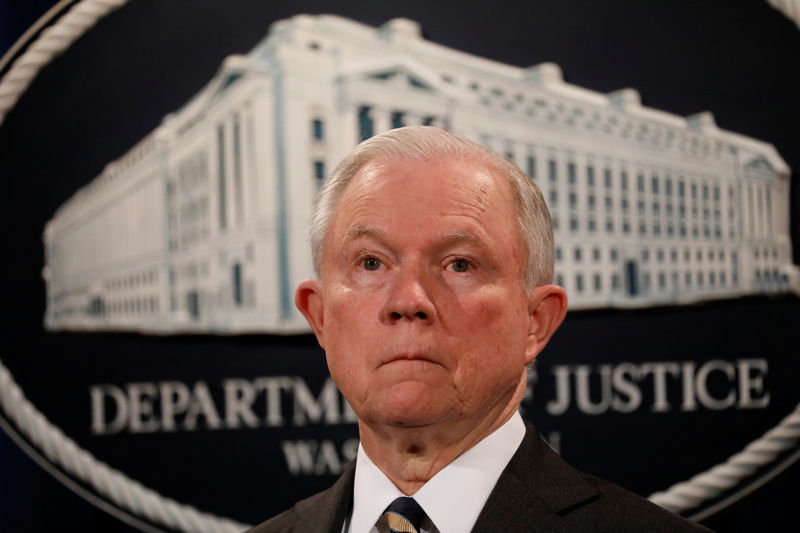 © Reuters. FILE PHOTO: U.S. Attorney General Jeff Sessions looks during a news conference announcing the outcome of the national health care fraud takedown at the Justice Department in Washington