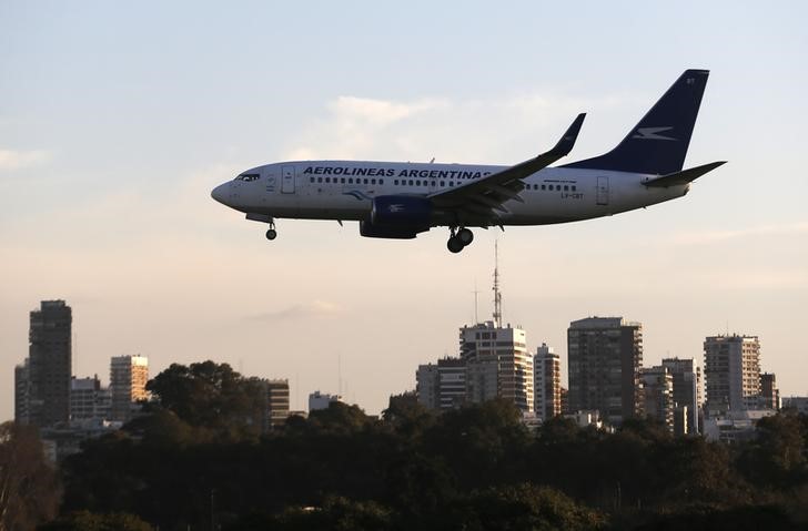 © Reuters. A Boeing 737-700 aircraft belonging to state-run Aerolineas Argentinas lands at Buenos Aires' domestic airport