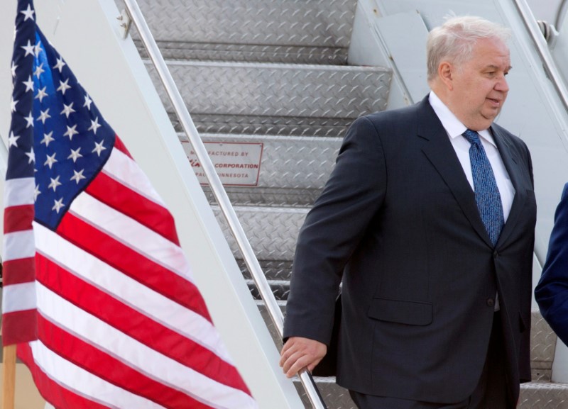 © Reuters. FILE PHOTO: Kislyak, Russia's ambassador to the U.S., arrives at Dulles International Airport in Chantilly